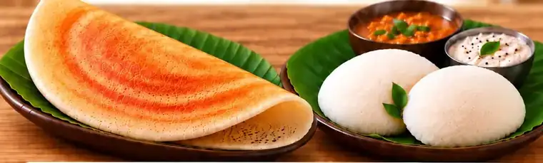 A crisp dosa and soft rava idlis on banana leaves with sambar and chutney